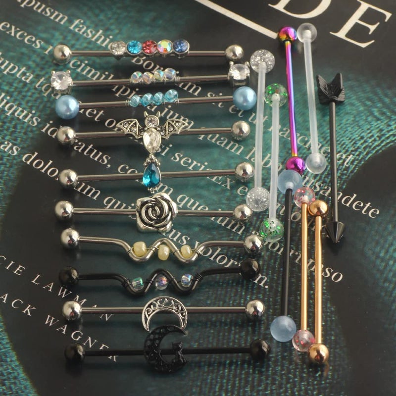 Suotarn 14G Industrial Barbell Earrings Stainless Steel Long Cartilage Helix Conch Body Piercing Jewelry 7-18pcs (mix 18pcs) - Image 3