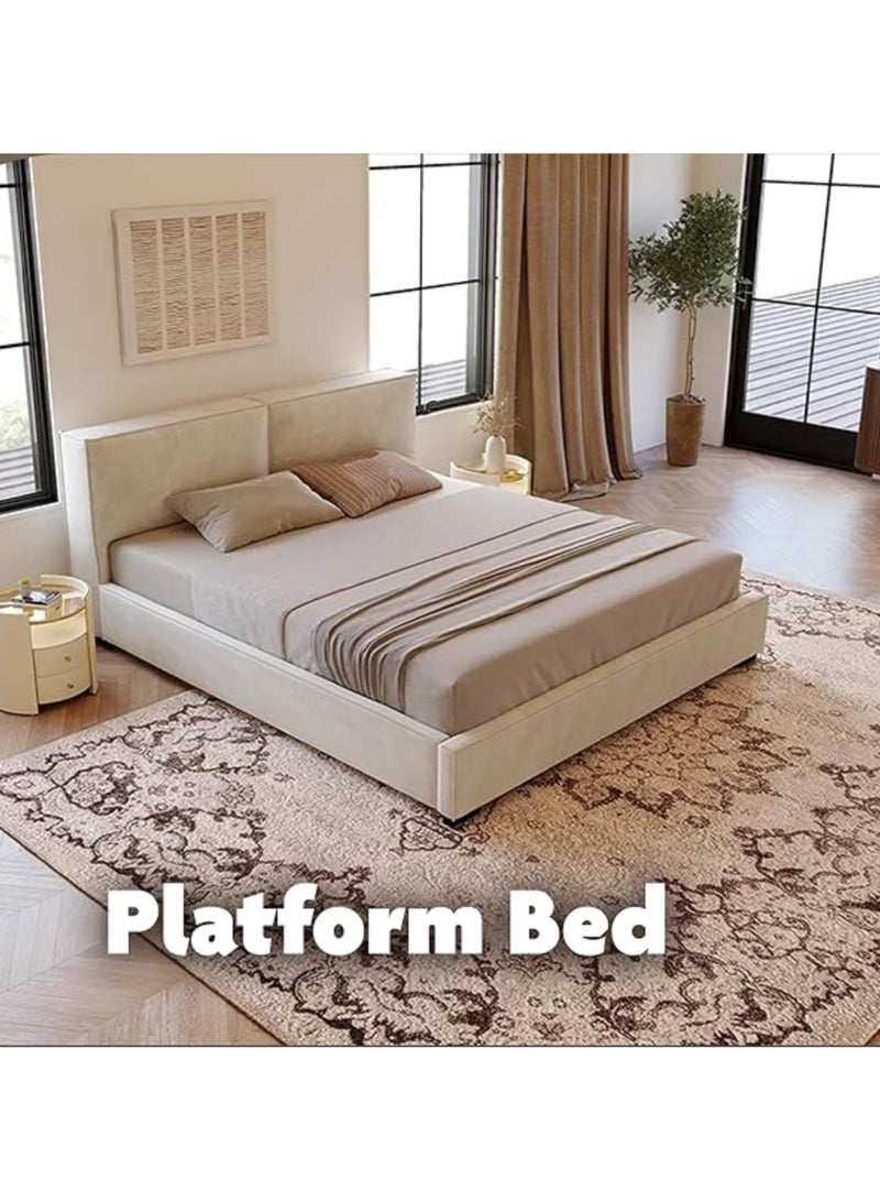Karnak Samantha Platform Bed - Beige Velvet Upholstered Bed Frame For Bedroom Furniture Size 150x200cm - Image 4
