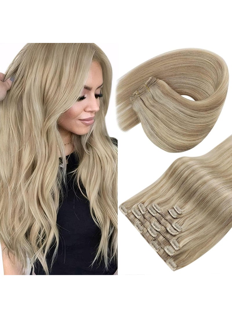 Sunny Hair Sunny Hair Clip in Hair Extensions Straight Human Hair Clip in Extensions Remy Clip in Hair Extensions Real Human Hair Extensions Clip ins Golden Blonde Highlights Light Blonde 16inch 