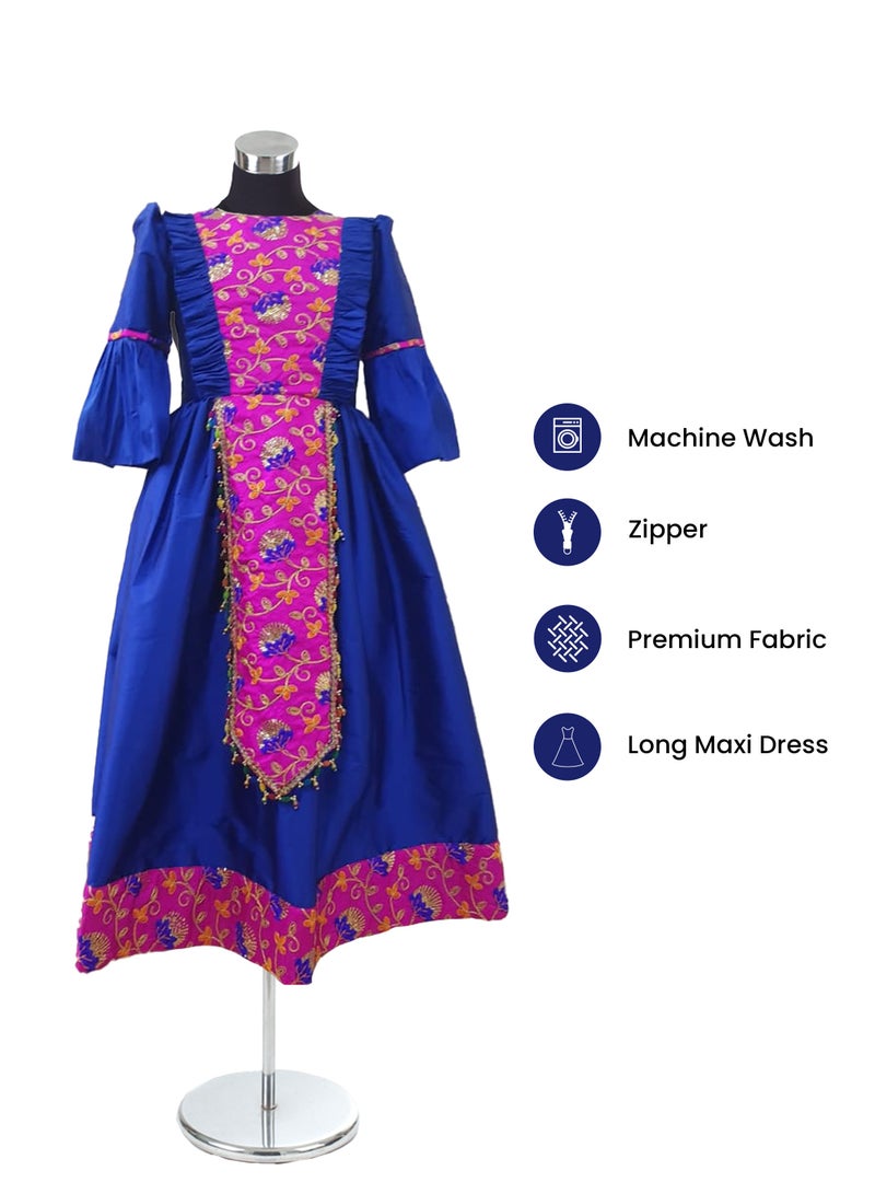 Lamora Haq Al Laila Collection Qarqaan Dress for Girls | Long Maxi Dress with Exquisite Embroidery | Perfect for Traditional and National Occasions, Complete with a Complimentary Soft Crepe-Lined Bag.  - Image 2