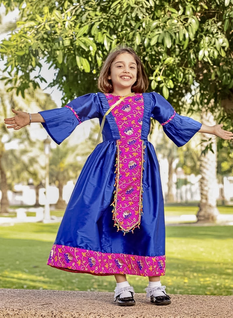 Lamora Haq Al Laila Collection Qarqaan Dress for Girls | Long Maxi Dress with Exquisite Embroidery | Perfect for Traditional and National Occasions, Complete with a Complimentary Soft Crepe-Lined Bag.  - Image 3
