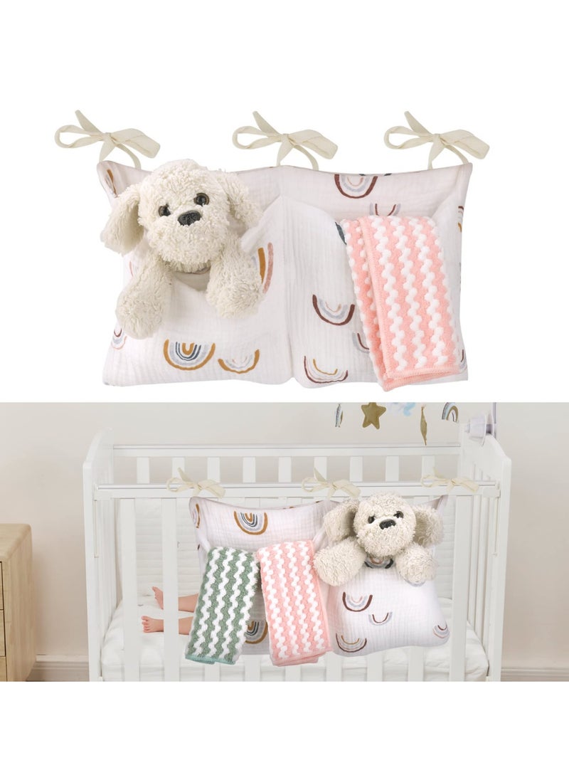 SYOSI SYOSI Hanging Storage Bag for Baby Bedside, Linen Baby Nursery Organizer, Small Baby Crib Organizer Bag with 2 Pockets, Baby Hanging Storage Bag for Bottles, Toys, Diapers and Nipples (Rainbow)  - Image 1