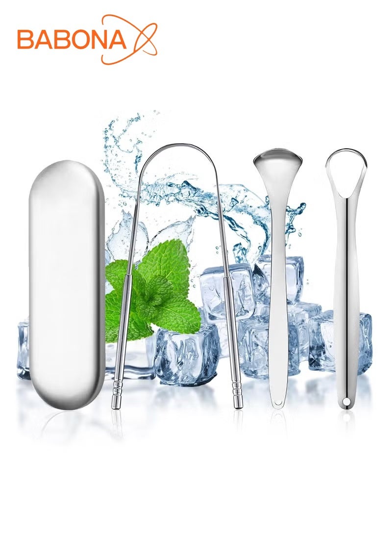 بابونا 4 قطع من منظف اللسان القابل لإعادة الاستخدام، مكشطة لسان من الفولاذ المقاوم للصدأ محمولة لتقليل رائحة الفم الكريهة، ونظافة الفم (للسفر/المنزل) - Image 1