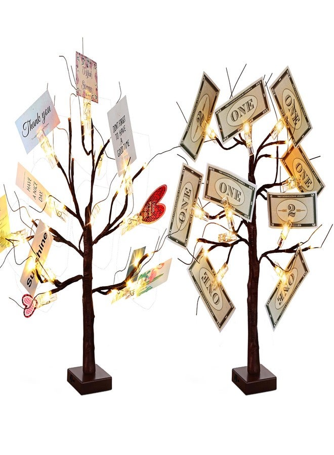Rossesay 2 Pcs Money Tree,Gift Card Holder for Home Birthday Wedding Father's Day Christmas Graduation Photo Memo,Lighted 2FT Birch Tree with 24 Clips and 48 LEDs (Brown) - Image 1