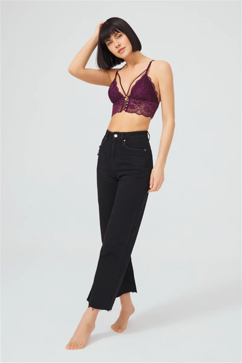 COTTONHILL Plum Lace Thin Strap Covered Triangle Women's Bralette Bustier