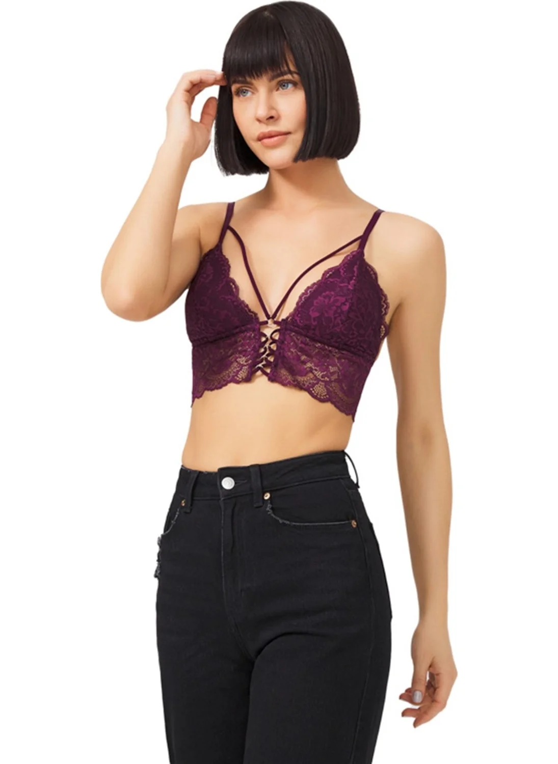 كوتن هيل Plum Lace Thin Strap Covered Triangle Women's Bralette Bustier