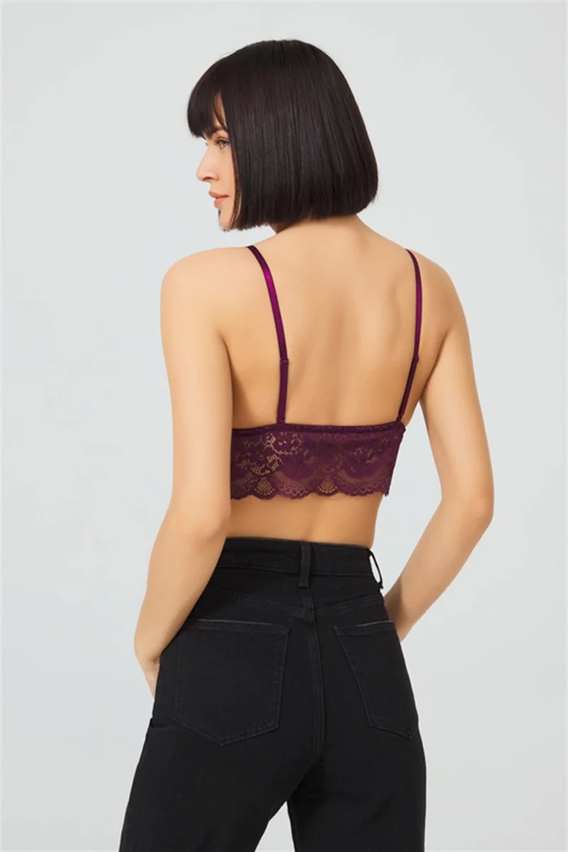 COTTONHILL Plum Lace Thin Strap Covered Triangle Women's Bralette Bustier