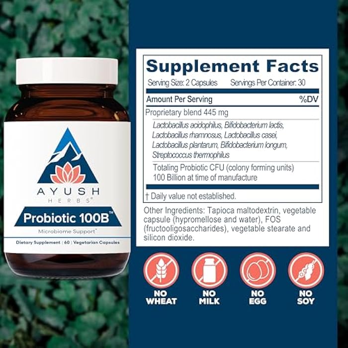 Ayush Herbs Probiotic 100B - Probiotics for Women, Probiotics for Men, Prebiotics and Probiotics for Digestive Health, Gas Relief, Gut Microbiome Balance - 60 Vegetarian Capsules - Image 3