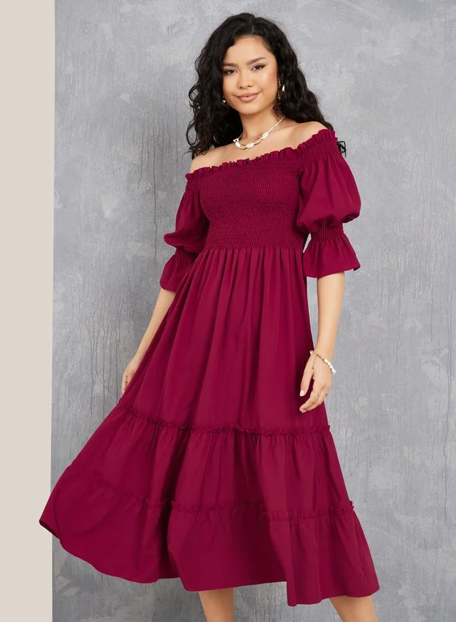 Take Two Off Shoulder Smocked Detail Tiered Midi Dress