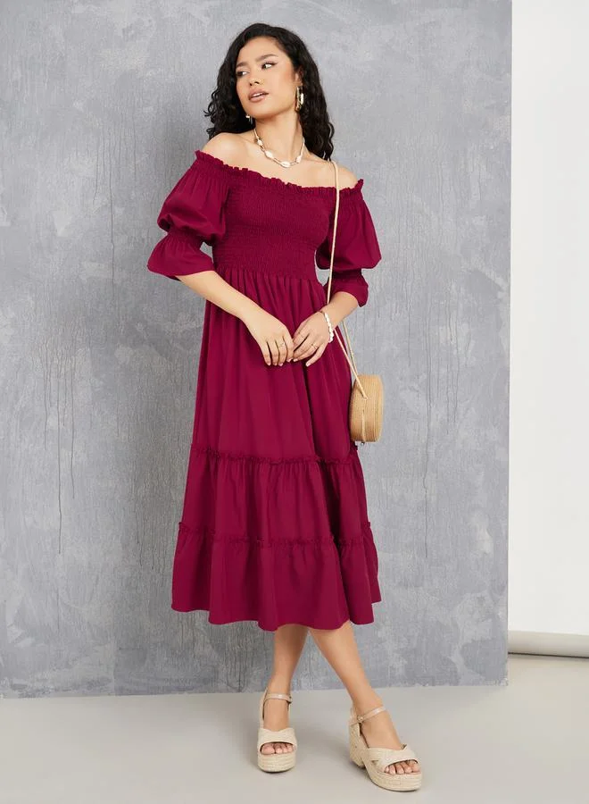 Take Two Off Shoulder Smocked Detail Tiered Midi Dress
