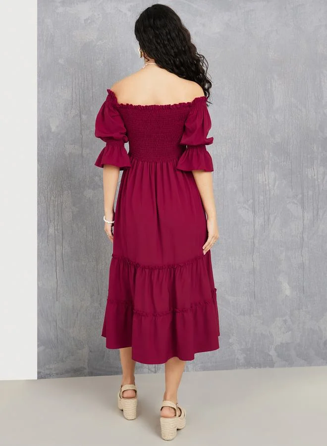 Take Two Off Shoulder Smocked Detail Tiered Midi Dress