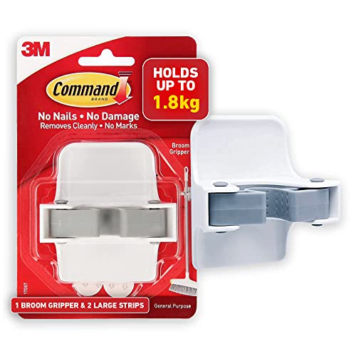 Command 3M Command Broom Gripper,Holds 1.8kg, No paint Damage, Holds Strongly, Reusable, Adhesive hooks for wall, Multi-surface, hanging broom, wiper, long handle brushes (White, 1 Hook, 2 Strips) - Image 1