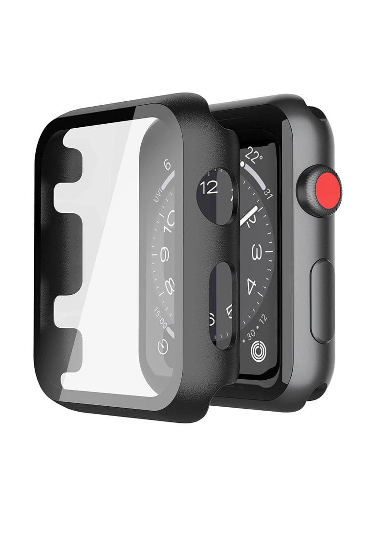 Compatible with Apple Watch Case with Screen Protector, Full Protective Cover Case Hard PC Bumper + 9H Bulletproof Glass Screen Protector for Apple iWatch, Black, Aplle Watch 38mm Series 1/2/3 - Image 1