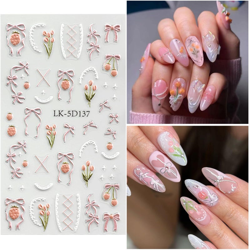 VOTACOS Flower Nail Art Stickers 5D Embossed Flower Nail Decals Spring Summer 3D Self Adhesive Bow Cherry Nails Decoration Supplies for Women Nails Design - Image 4