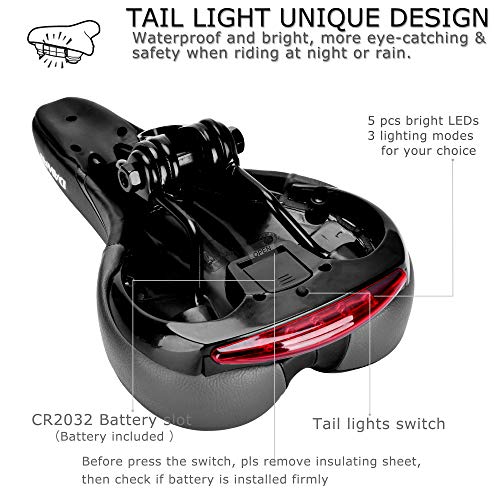 DAWAY Comfortable Men Women Bike Seat - DAWAY C66 Foam Padded Leather Road Mountain Bicycle Saddle Cushion with Taillight, Waterproof, Soft, Breathable, Fit MTB, Most Bikes, for Everyone - Image 3