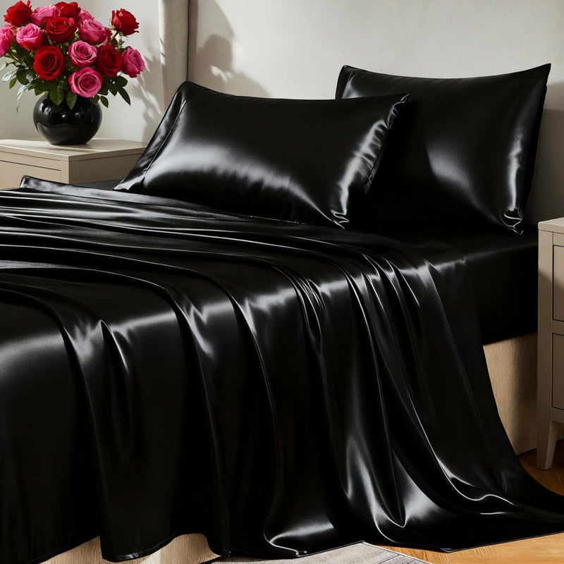 CozyLux Satin Sheets Twin Sheet Set - 3 Piece Silky Twin Bed Sheets, Luxury Black Sheet Twin Size Bed Set with Smooth and Soft Microfiber, Includes 1 Fitted Sheet, 1 Flat Sheet and 1 Pillowcase - Image 1