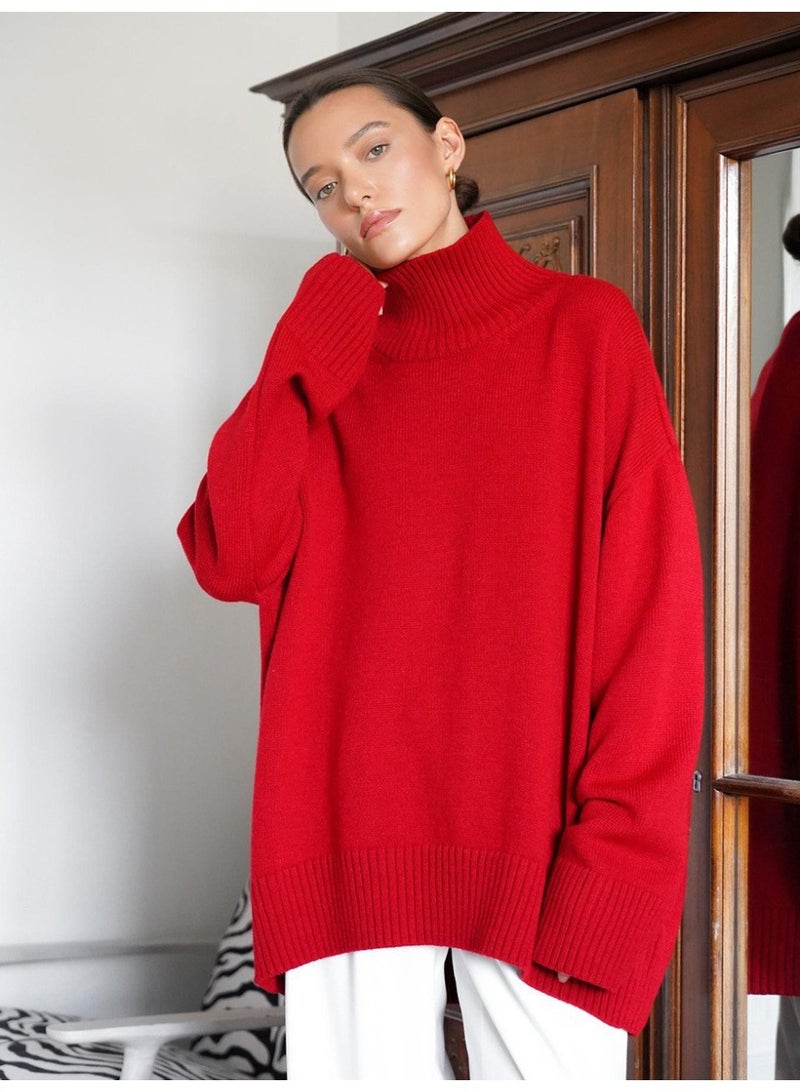 NIBEMINENT Autumn Winter Women's Oversized Turtleneck Sweater Casual Warm Solid Basic Loose Knitted Jumper Pullover - Image 1