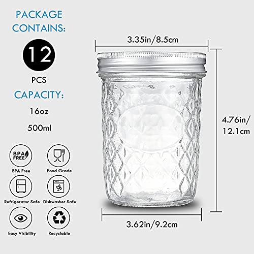 YEBODA 16 oz Mason Jars Wide Mouth Canning Jars 12 Pack Glass Jars with Silver Metal Airtight Lids and Bands for Jam, Honey, Wedding Favors, Shower Favors, Yogurt, Sauces, Overnight Oats - Image 3