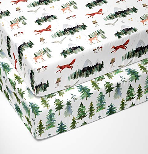 Sorrel + Fern Crib Sheets Neutral - Fitted Baby Crib Sheets Bed for Girl Boy - 2 Pack Standard & Toddler Mattress (Woodland Forest Animals) - Buttery Soft Organic Cotton Blend - Image 1
