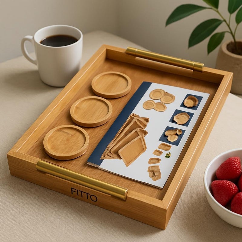 Fitto Wooden Bamboo Serving Tray - Set of 2 Cup Tray Serving Set - Image 2
