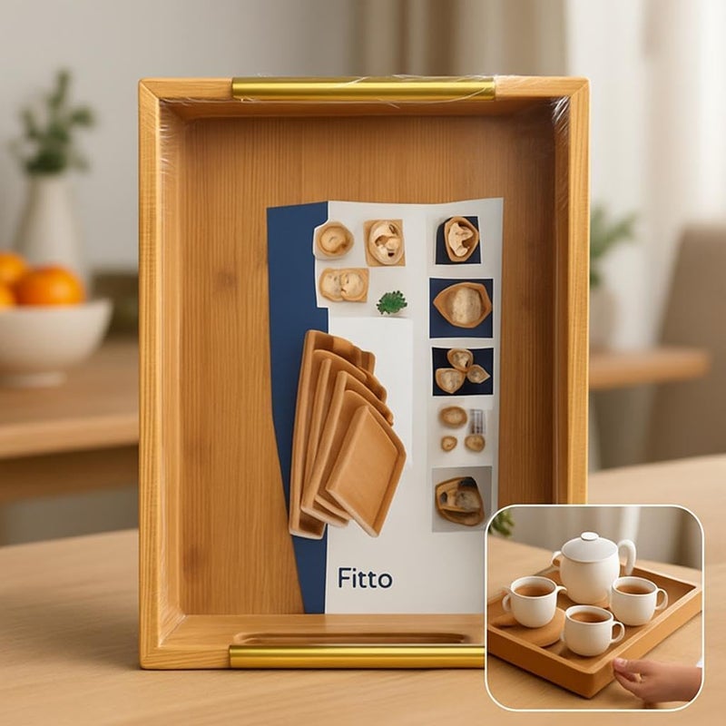 Fitto Wooden Bamboo Serving Tray - Set of 2 Cup Tray Serving Set - Image 3