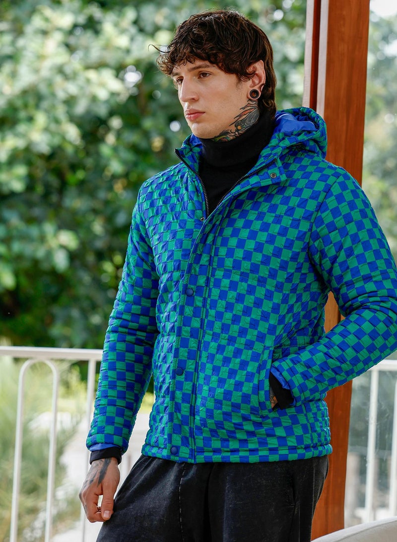 Campus Sutra Men's Electric Blue & Shamrock Green Checker-Tactile Puffer Jacket - Image 3