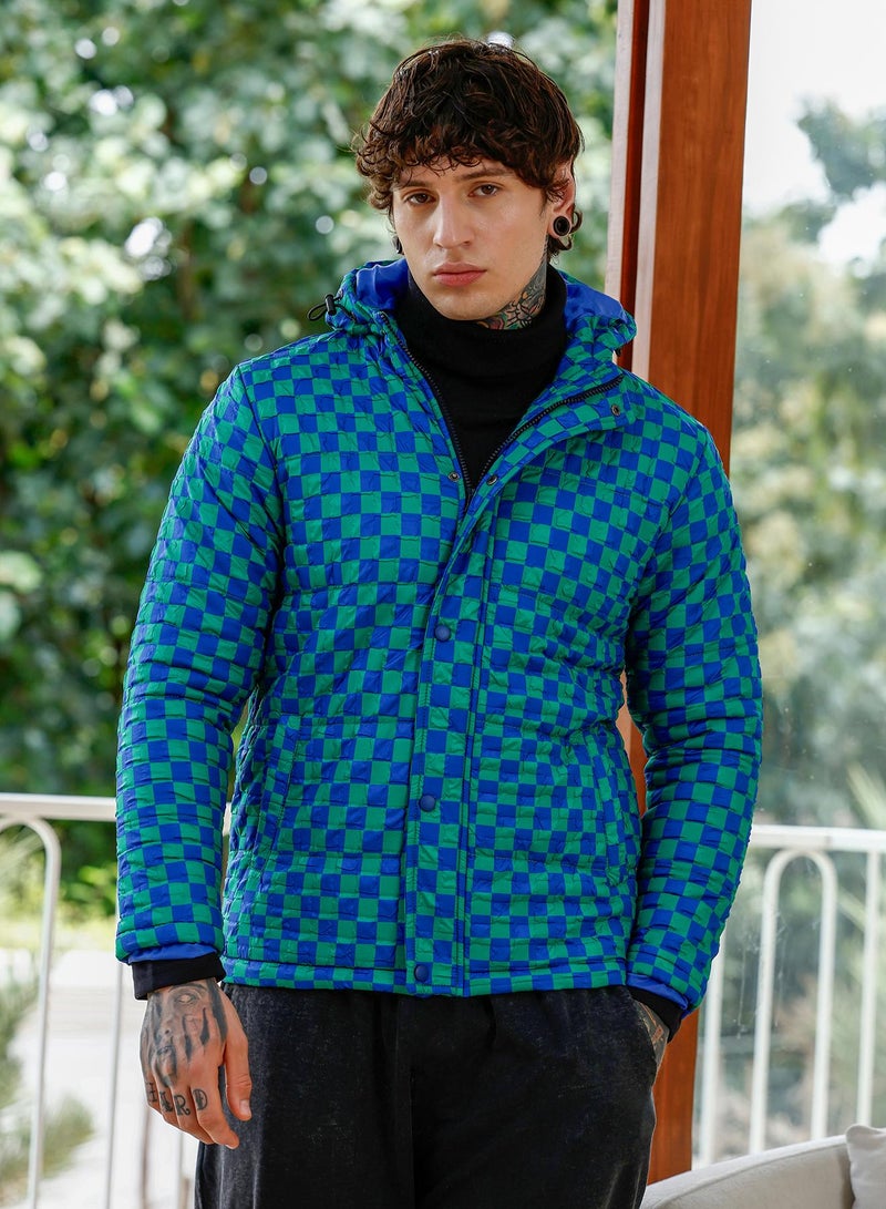 Campus Sutra Men's Electric Blue & Shamrock Green Checker-Tactile Puffer Jacket - Image 2
