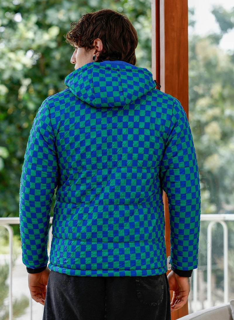 Campus Sutra Men's Electric Blue & Shamrock Green Checker-Tactile Puffer Jacket - Image 5
