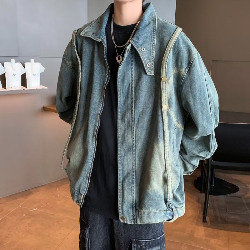 2024 Trendy Mens Japanese Style Retro Old Denim Jacket Trendy Brand Street Loose Casual All-match Jacket for Men and Women Blue 