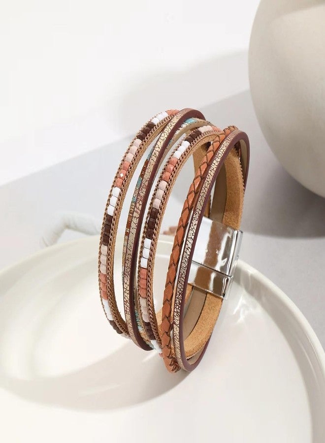 KunBead Sparkly Brown Leather Wrap Bracelets for Women Handmade Braided Boho Multilayer Bracelet Wristband Cuff Bangle - Image 2