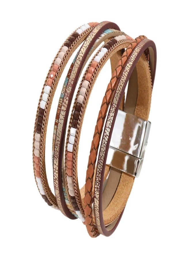 KunBead Sparkly Brown Leather Wrap Bracelets for Women Handmade Braided Boho Multilayer Bracelet Wristband Cuff Bangle - Image 1
