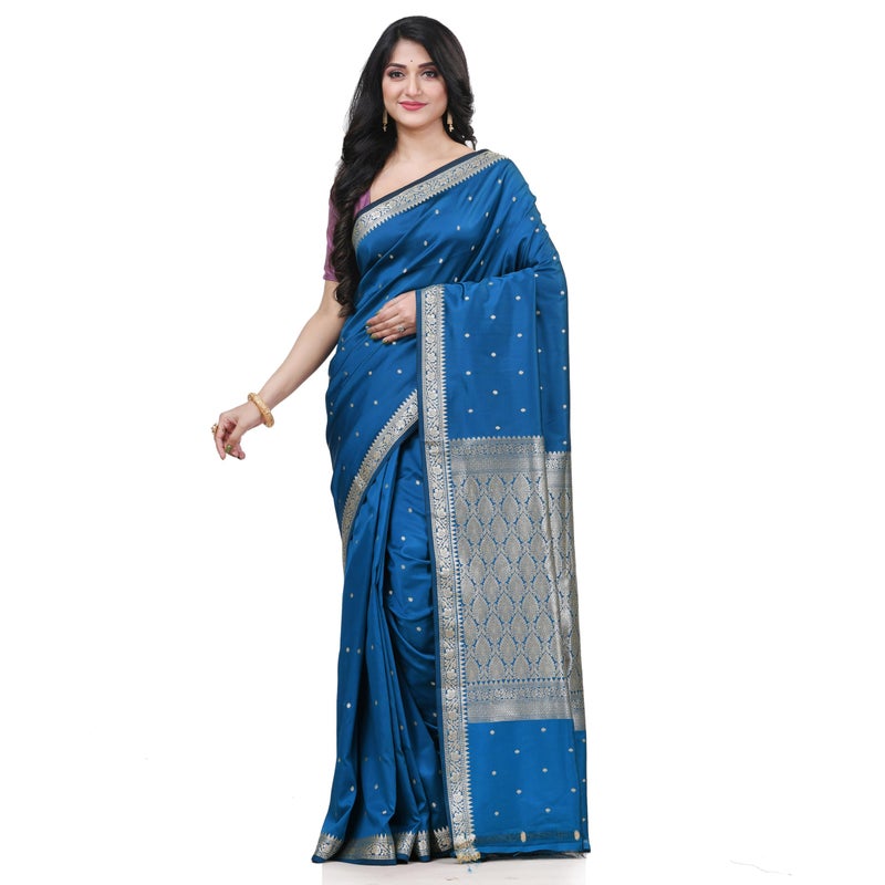 dB DESH BIDESH Womens Jacquard Banarasi Kanjivaram Kanchipuram Silk Blend Golden Zari Butta Woven Saree With Blouse Piece 65 Mtr Blue