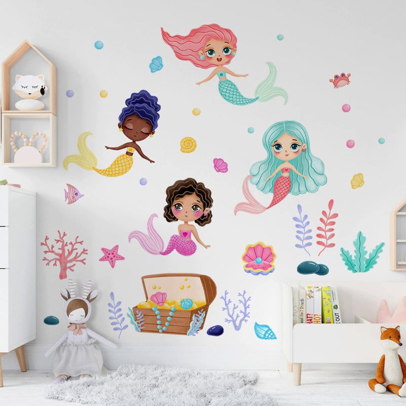 Mfault Baby Girls Black Mermaid Under The Sea Wall Decals Stickers Multicultural Ocean Creatures Nursery Decoration Bedroom Playroom Art Coastal Beach Shell Bubble Kids Room Bathroom Home Decor
