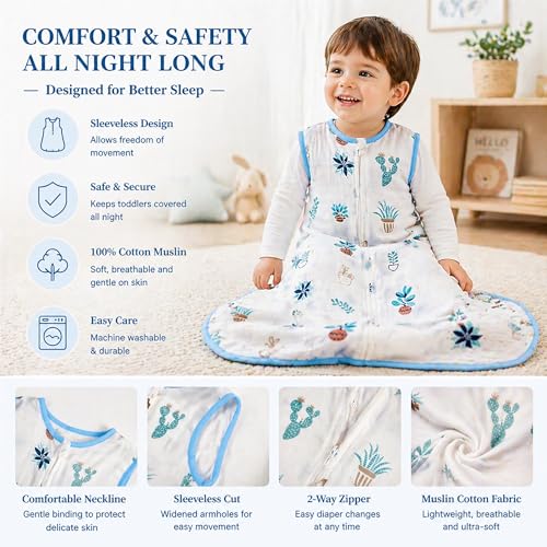 BLOOMSTAR Toddler Sleeping Sack Muslin 2-3T Lightweight 0.5 Tog Summer Large Wearable Blanket Thin Cotton Baby Sleeping Bag 24-36 Months Extra Long Soft Breathable Kids Sleeveless Sleeper - Image 4