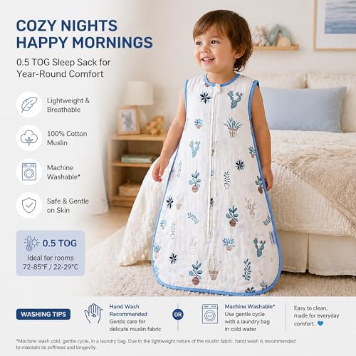BLOOMSTAR Toddler Sleeping Sack Muslin 2-3T Lightweight 0.5 Tog Summer Large Wearable Blanket Thin Cotton Baby Sleeping Bag 24-36 Months Extra Long Soft Breathable Kids Sleeveless Sleeper - Image 5