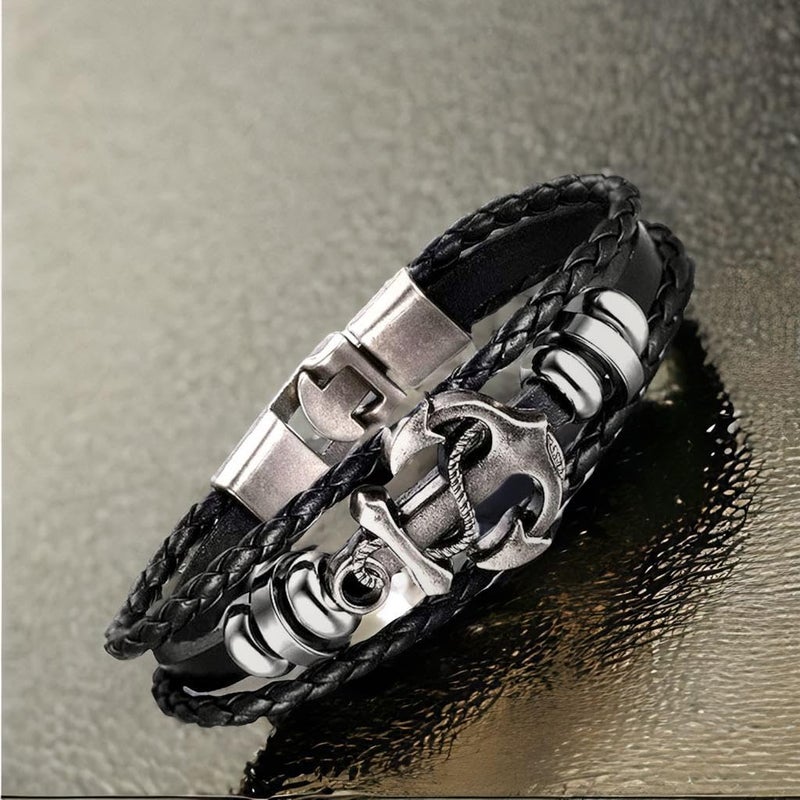 Vientiq Black Braided Leather Bracelet For Men - Image 3