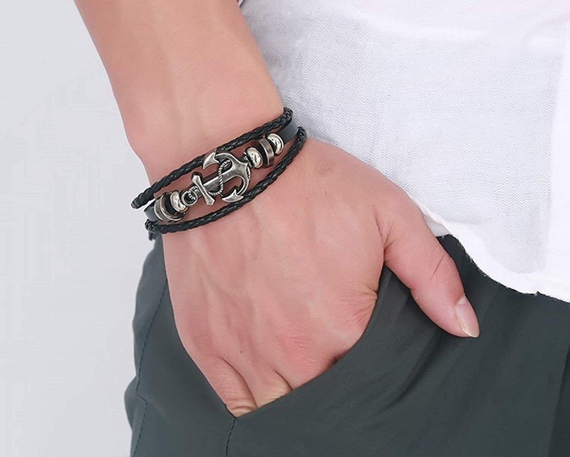 Vientiq Black Braided Leather Bracelet For Men - Image 5
