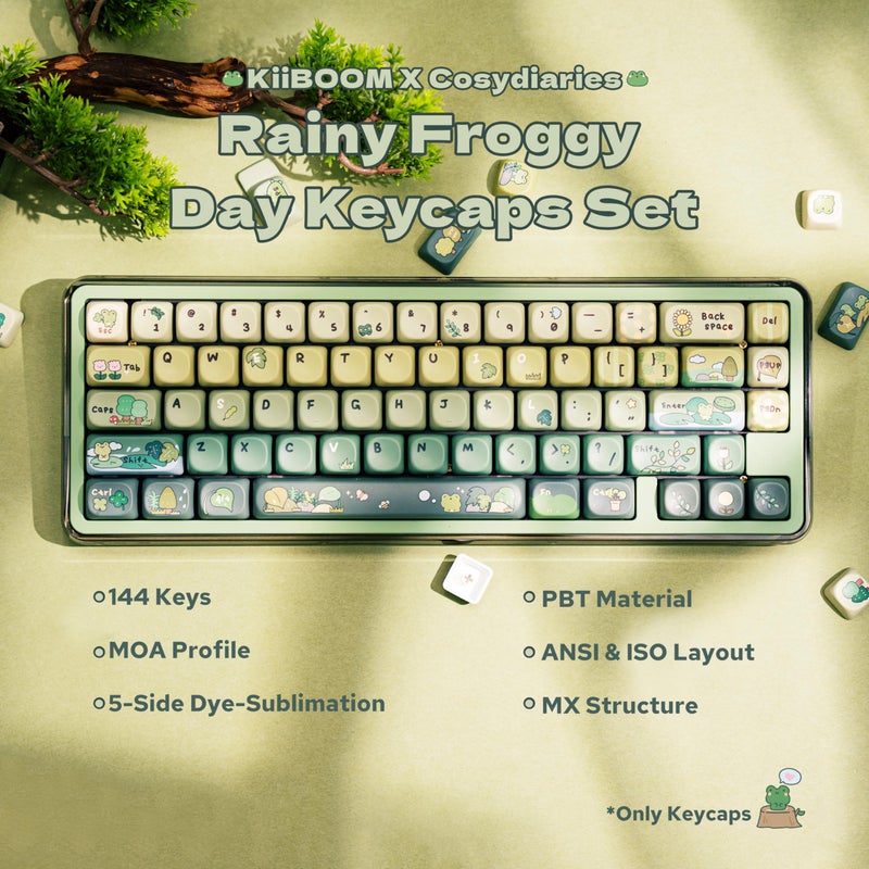 KiiBoom X Cosydiaries Rainy Froggy Day Keycap Set, 144 Keycaps, PBT Custom Keycaps for Mechanical Keyboard, Compatible with ANSI/ISO, 60%, 65%, 75%, TKL, Full-Sized Layout (MOA Profile) - Image 2