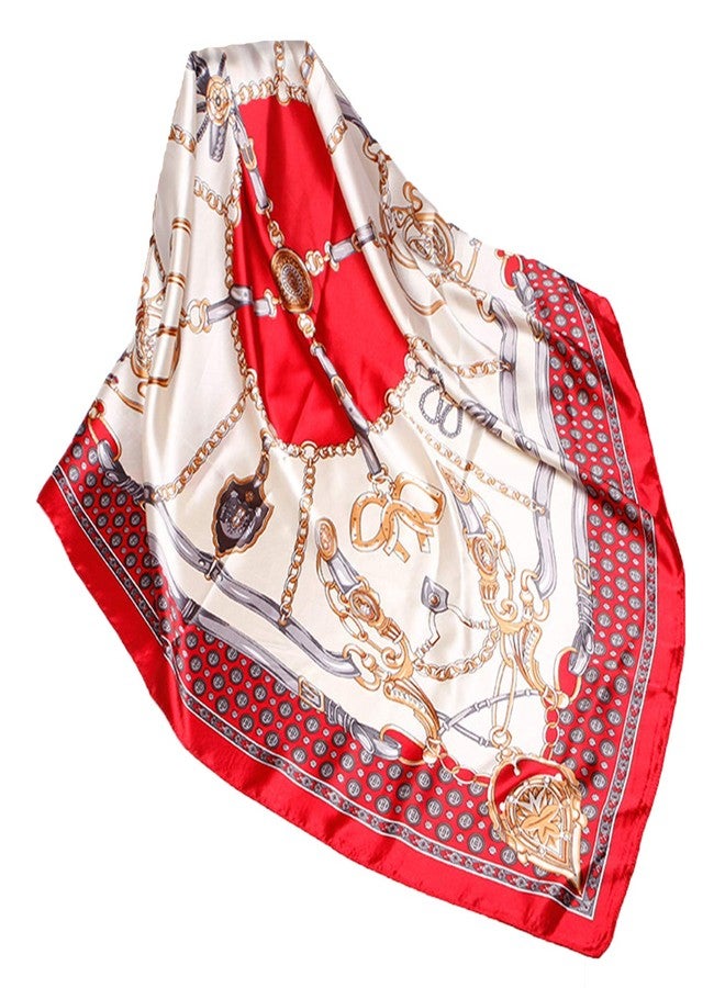 Wander Agio Silk Feeling Scarf Womens Fashion Printing Scarves Square Satin Face Headscarf Pattern Chain Red 16
