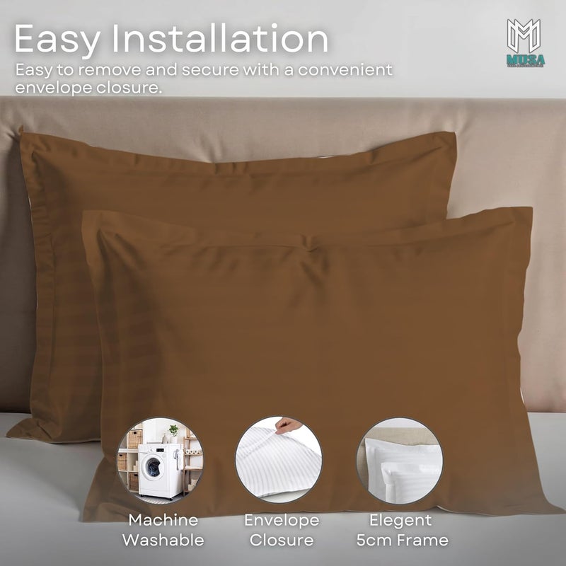 MUSA MUSA® Striped Cotton Pillow Covers – Soft, Breathable & Hotel-Inspired Pillow Covers with Envelope Closure | Elegant 5cm Oxford Frame Design for Bedroom & Home Décor (2, Brown, 50 x 75cm) - Image 4