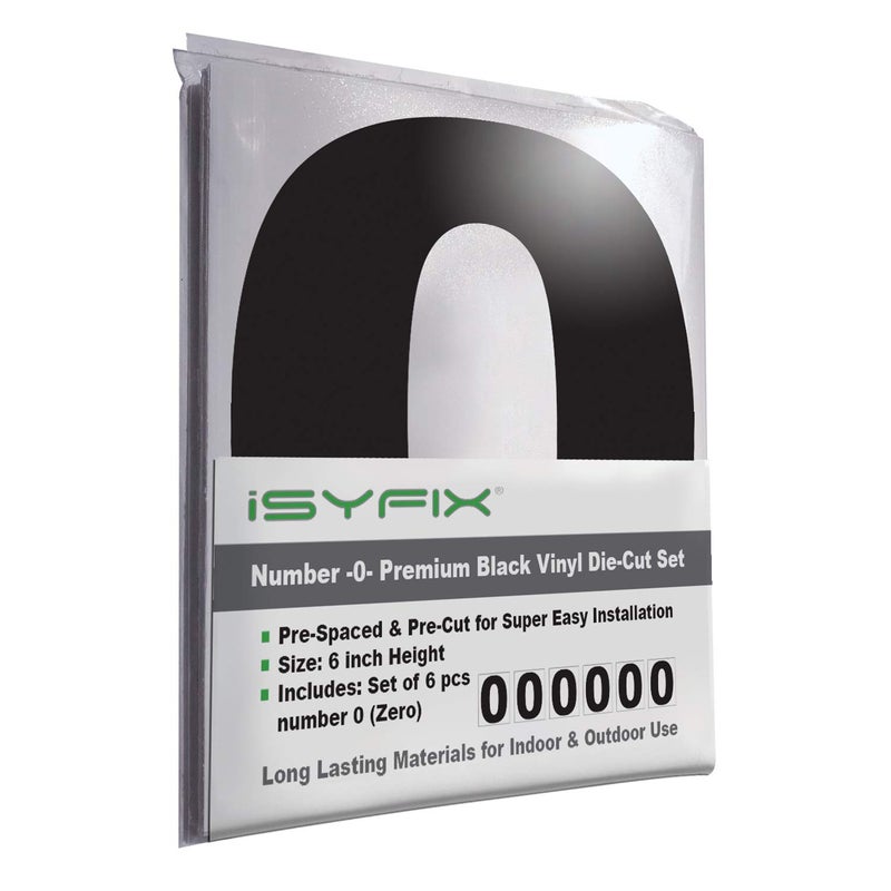 iSYFIX Black Vinyl Number 0 (Zero) Stickers - 6 Pack 6 inch Self Adhesive - Decal Die Cut & Pre-Spaced for Mailbox, Signs, Window, Door, Cars, Trucks, Home, Business, Address Number, Indoor & Outdoor - Image 1
