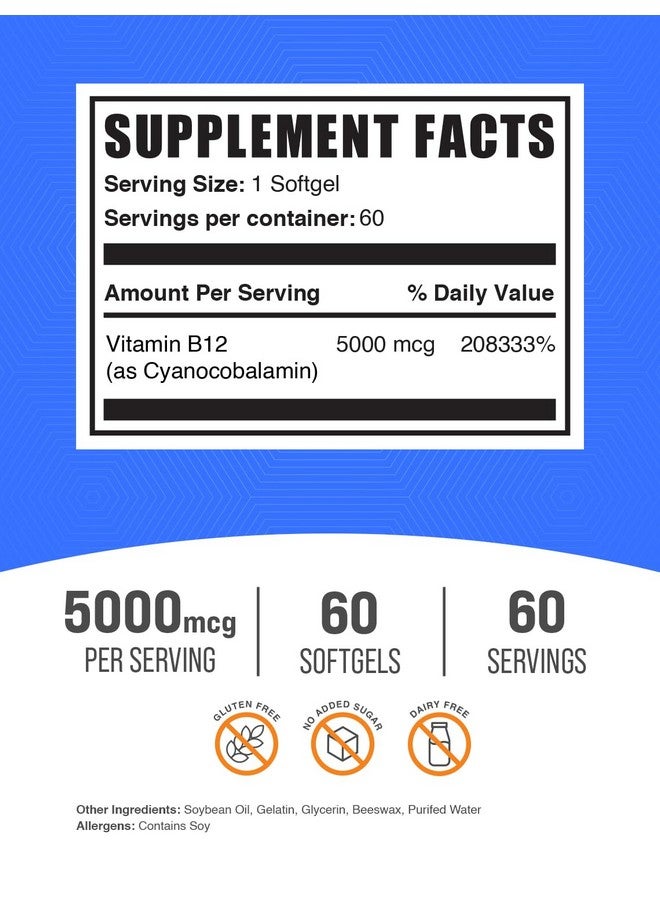 BulkSupplements.com Vitamin B12 1000 mcg Softgels - as Cyanocobalamin, Vitamin B12 Supplement - Essential Vitamin B, Gluten Free, 1 Softgel per Serving, 60 Count (Pack of 1) - Image 2