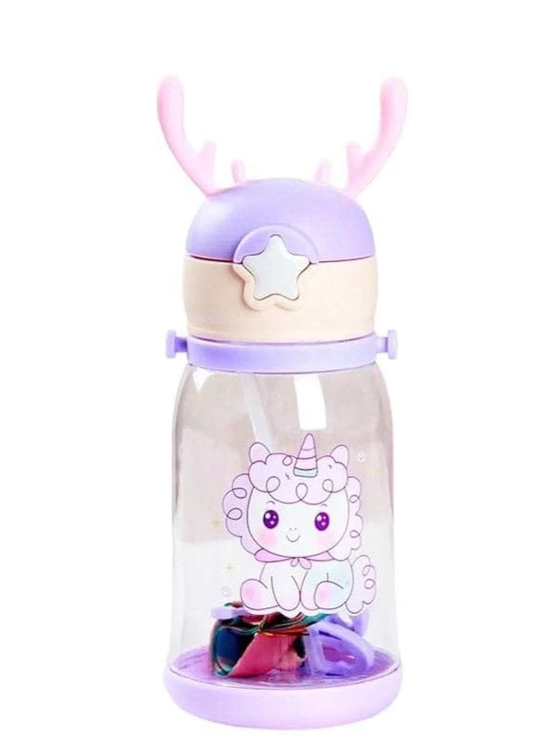 زجاجة مياه للاطفال اكريليك بطباعة كرتونية وبقرن غزال كبير، محمولة مضادة للكسر مع شفاطة وحزام تستخدم في الانشطة الخارجية والتخييم، والمدرسة والرحلات سعة 600 مل,صحيه (متعددة الالوان) - Image 2