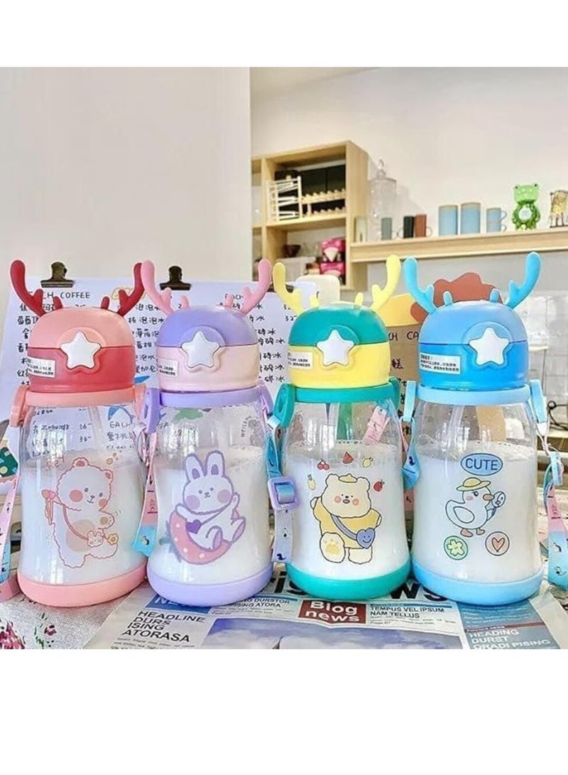 زجاجة مياه للاطفال اكريليك بطباعة كرتونية وبقرن غزال كبير، محمولة مضادة للكسر مع شفاطة وحزام تستخدم في الانشطة الخارجية والتخييم، والمدرسة والرحلات سعة 600 مل,صحيه (متعددة الالوان) - Image 3