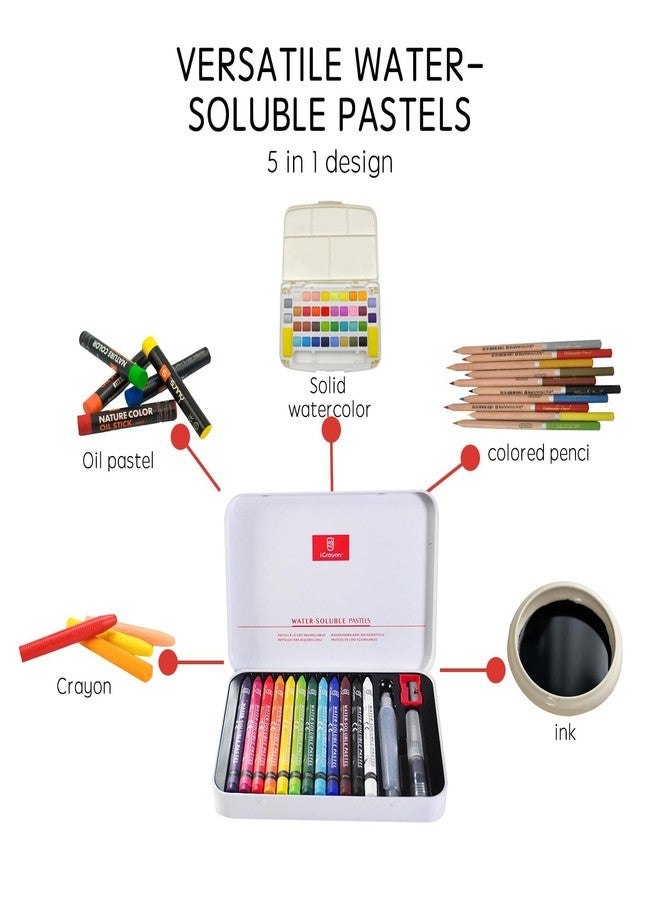 iCrayon 12 Colors Water Soluble Pastels, Watercolor Pastels Artist Set with Sharpener, Palette & Brush for Vibrant Art Creations (Classic) - Image 5