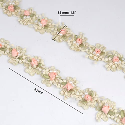 Kuasting 2 Yard Vintage Pearl Flower Ribbon Scallop Edge Trim Lace Fabric Sewing Lace Trim Handmade DIY Sewing Supplies for Dress Embellishment (Small Pearl lace) - Image 2