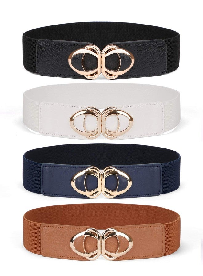WERFORU Women Elastic Belts,Skinny Stretch Vintage Fashion Waistband for Dress with Gold Buckle 4 Pack 1.5" Width, Black+brown+white+blue, S-M:Fit Size 25"-30" - Image 1