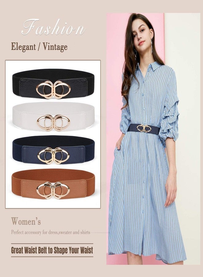 WERFORU Women Elastic Belts,Skinny Stretch Vintage Fashion Waistband for Dress with Gold Buckle 4 Pack 1.5" Width, Black+brown+white+blue, S-M:Fit Size 25"-30" - Image 2