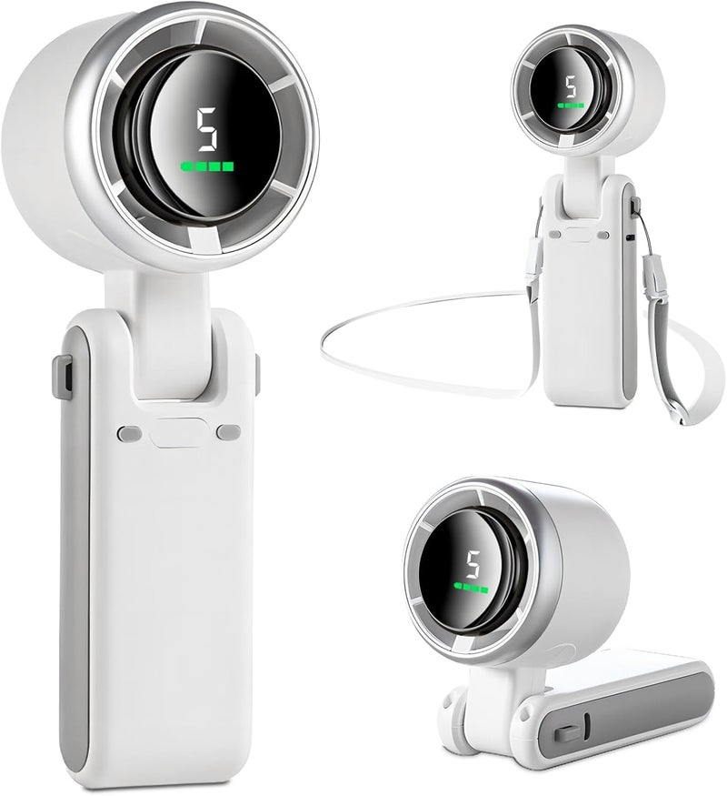 MERTTURM 3 IN 1 Mini Handheld Turbo Fan(12H Standby), Desk/Neck Portable Fan with 5 Super Powerful Wind Speed&Bladeless Motor, Rechargeable Personal Lash Pocket Fan for Travel Makeup Outdoor-White - Image 1