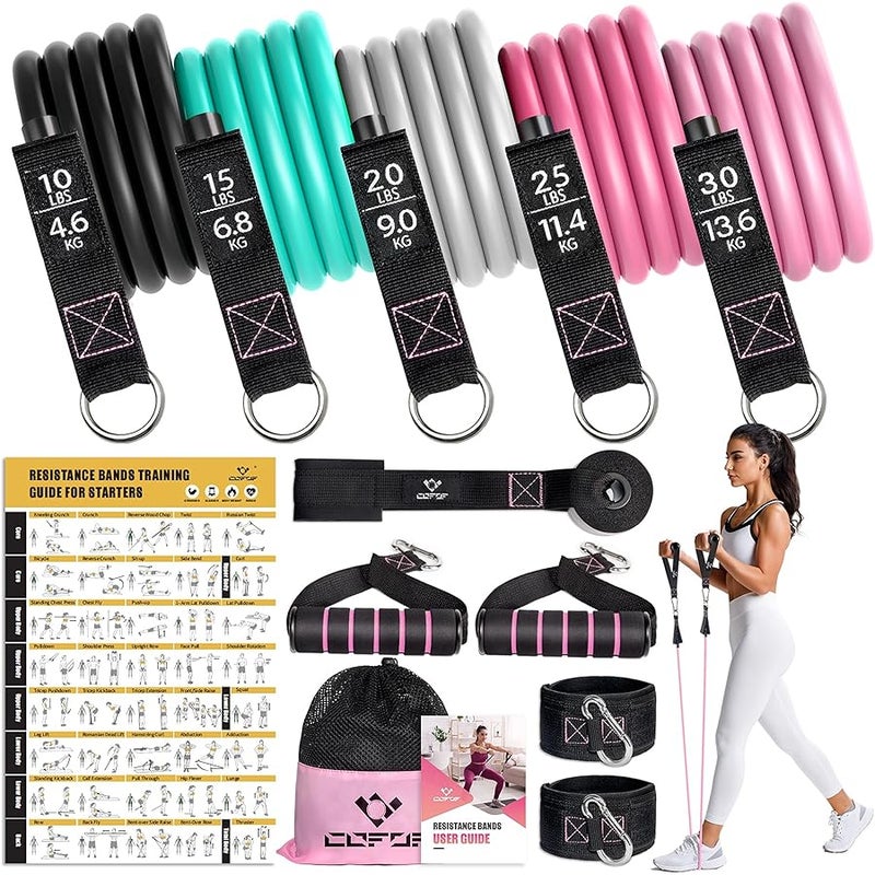 COFOF Resistance Bands with Handles for Women, 5 Level Exercise Bands Workout Bands for Physical Therapy, Yoga, Pilates, Door Anchor, Storage Pouch - Image 1